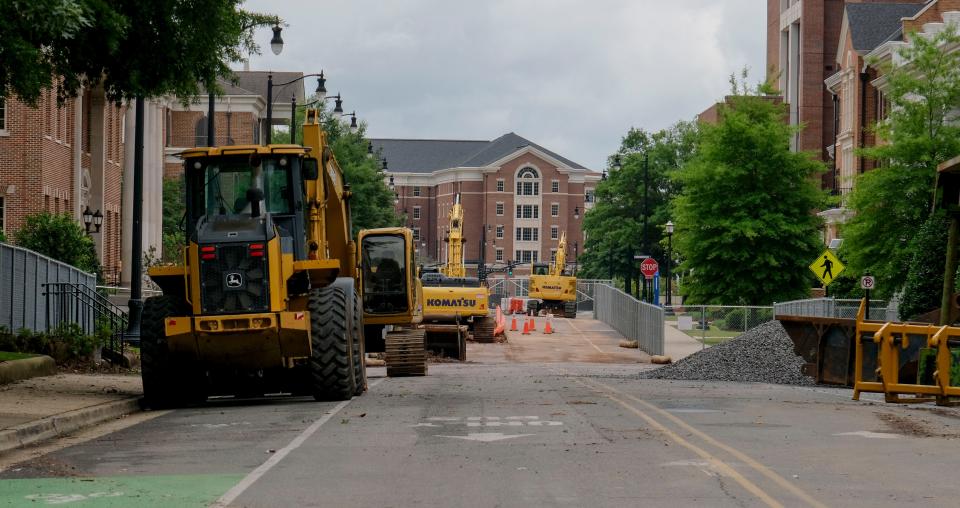 May 11 2024; Tuscaloosa, AL, USA; Campus construction projects replaces students as the dominant feature on the University of Alabama campus each summer. Heavy equipment lines the road along Sorority Row.