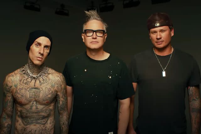 <p>blink-182</p> Travis Barker, Mark Hoppus and Tom DeLonge