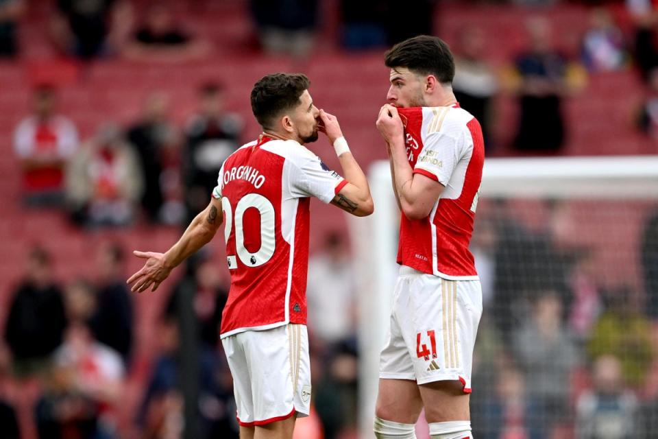 Jorginho and Declan Rice at full-time of Sunday’s home loss to Aston Villa (Getty Images)