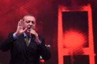 Turkish President Recep Tayyip Erdogan gives a speech on April 12, 2017 in Istanbul, pushing for a "yes" vote in the upcoming referendum on whether to change the current parliamentary system into an executive presidency