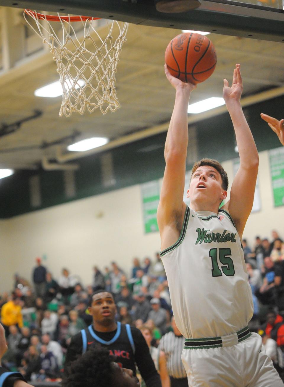 West Branch's Gavin Gregory lays the ball up off the glass in an Eastern Buckeye Conference game against Alliance at the West Branch Friday, January 27, 2023.