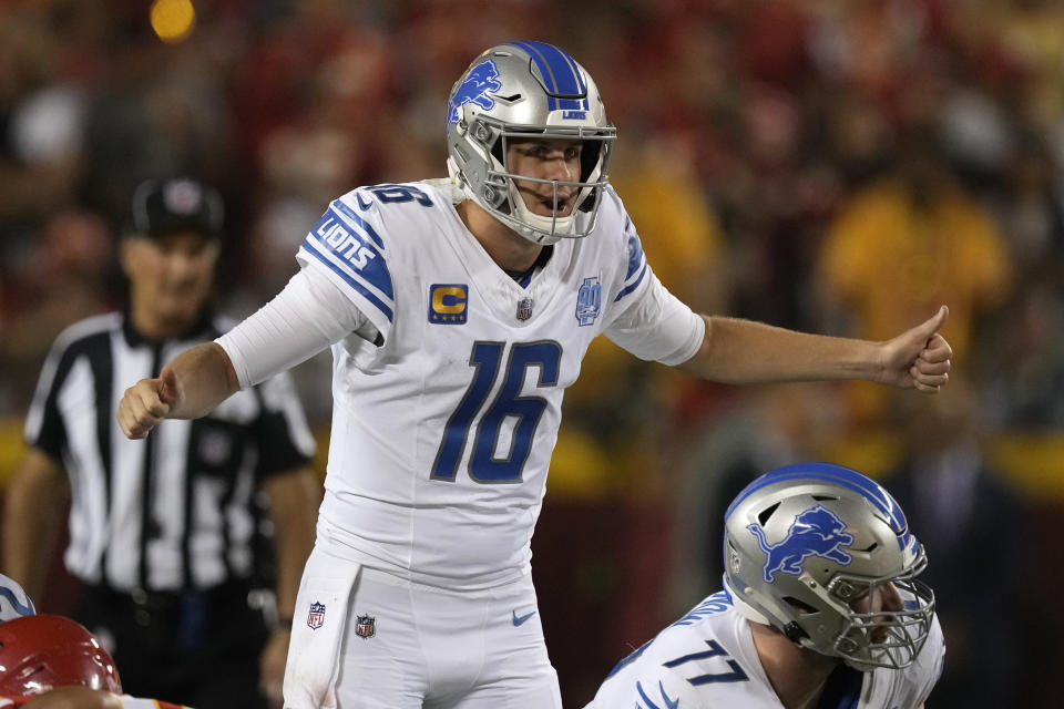 Detroit Lions quarterback Jared Goff signals on the line of scrimmage during the first half of an NFL football game against the Kansas City Chiefs Thursday, Sept. 7, 2023, in Kansas City, Mo. (AP Photo/Charlie Riedel)