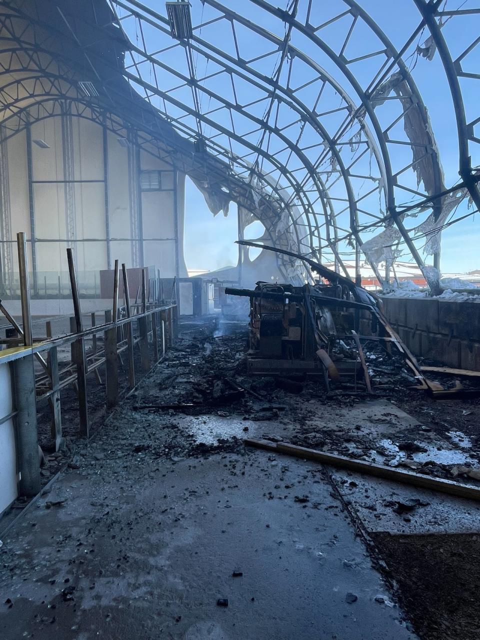 Band councillor Kevin Morin says Southend is known for being a hockey town so the loss of their only arena hits the hard. The photo shows the interior damage to the hockey arena.