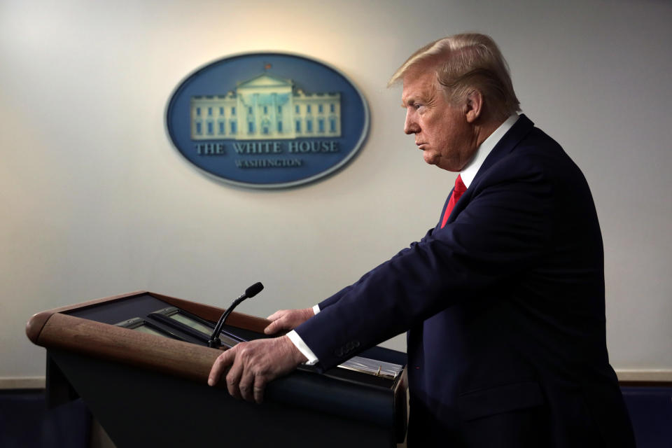 WASHINGTON, DC - MARCH 18: U.S. President Donald Trump pauses during a news briefing on the latest development of the coronavirus outbreak in the U.S. at the James Brady Press Briefing Room at the White House March 18, 2020 in Washington, DC. President Trump announced on Twitter that the U.S. and Canada will close their border to non-essential traffic to try and stop the spread of the COVID-19 pandemic. (Photo by Alex Wong/Getty Images)