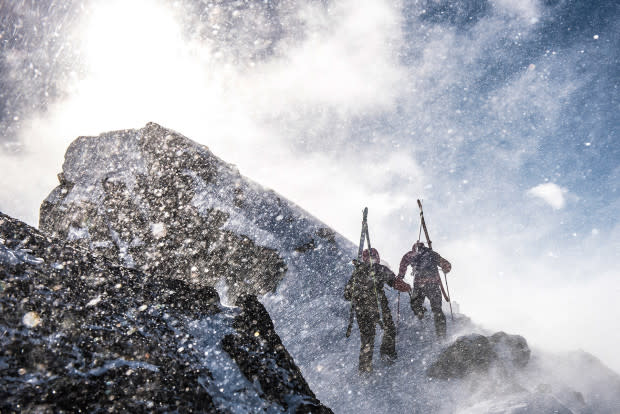 The going in the alpine can get tough. Austin Ross and Simon D’artois battle their way up an exposed ridge.<p>Photo: Guy Fattal</p>