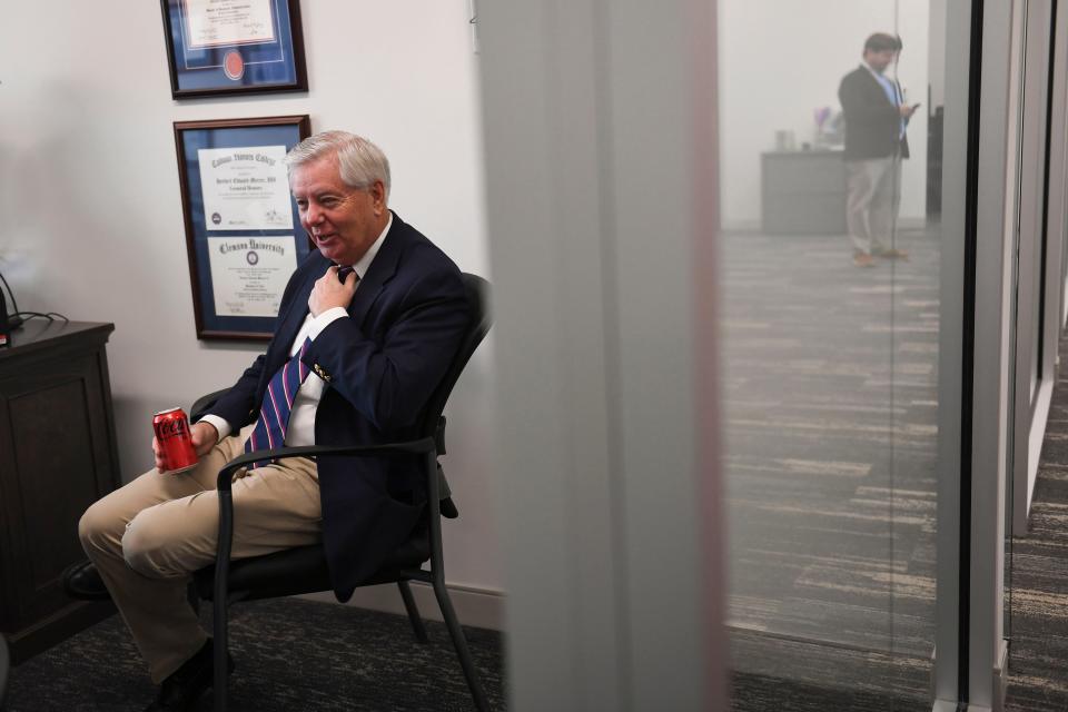 Sen. Lindsey Graham holds a press conference in his downtown Greenville, S.C. office on Friday, March 15, 2024.