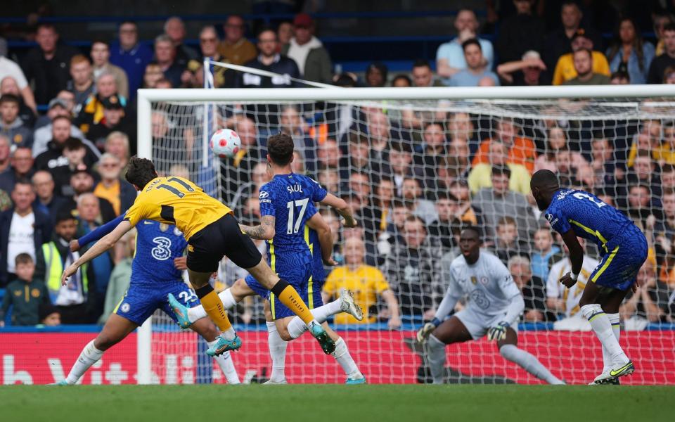 Francisco Trincao of Wolverhampton Wanderers scores their team's first goal during the Premier League match between Chelsea and Wolverhampton Wanderers at Stamford Bridge on May 07, 2022 in London, England. - GETTY IMAGES