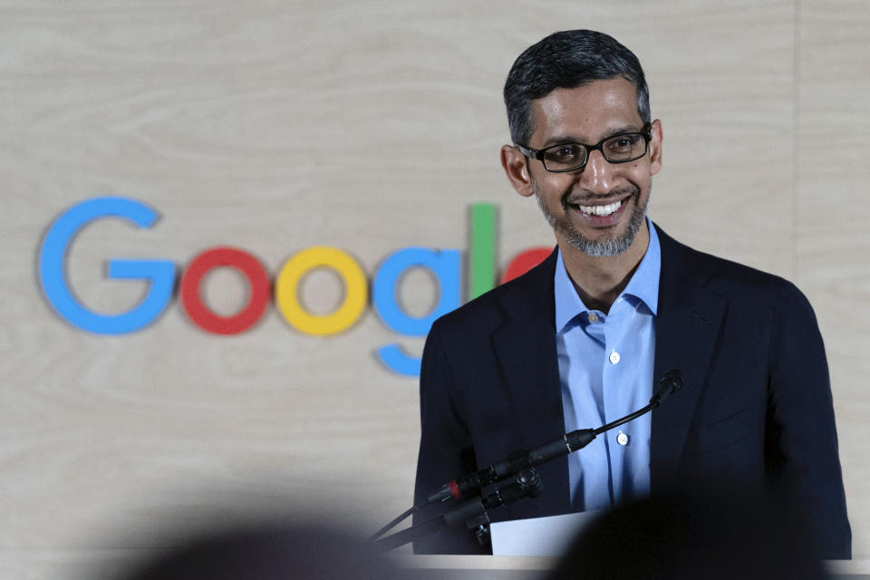 Google CEO Sundar Pichai speaks to college students about strengthening the cybersecurity workforce during a workshop at the Google office in Washington, Thursday, June 22, 2023. (AP Photo/Jose Luis Magana)