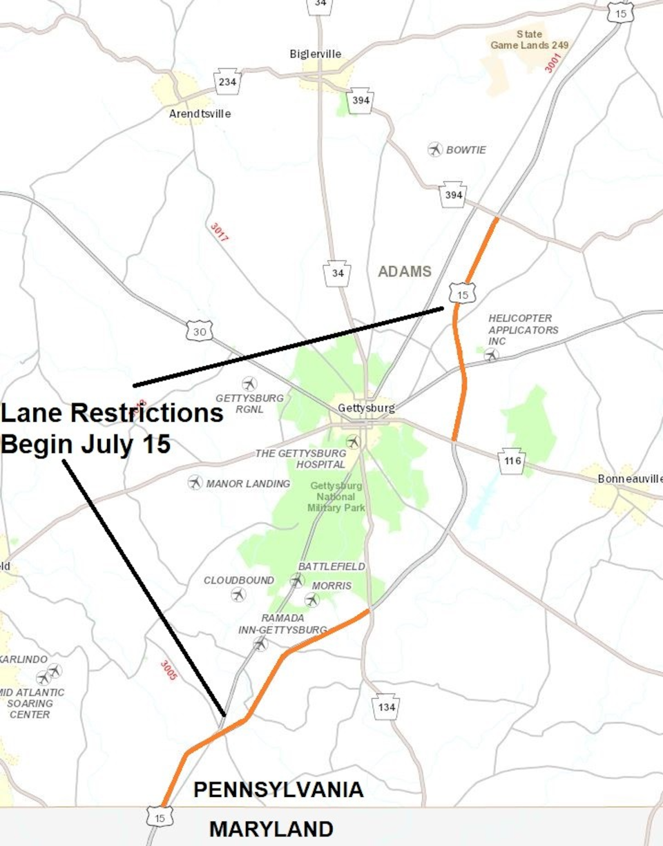 In a map provided by PennDOT, two stretches of Route 15 in Adams County will soon have lane restrictions for roadwork.