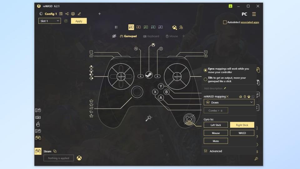 A screenshot showing how you can add gryo controls to a controller in reWASD