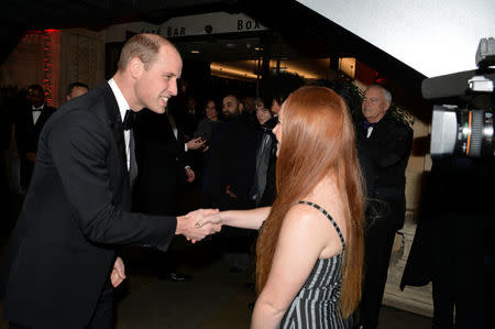 Prince William, Duke of Cambridge talks with a guest, as he meets the CTBF trustees and representatives from Save The Children and Shelterbox during the European premiere of Star Wars: The Last Jedi, at the Royal Albert Hall in London, Britain December 12, 2017. REUTERS/John Stillwell/Pool