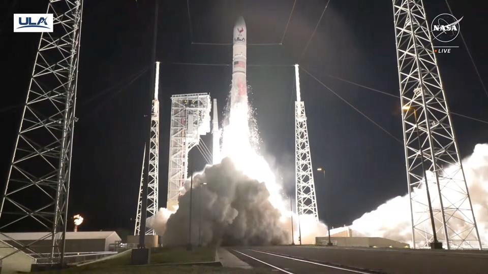A still from a video shows a rocket taking off carrying the Peregrine launcher.