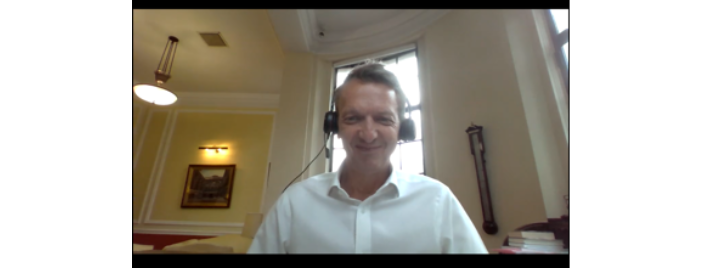 Andy Haldane on a call with Bronwen Maddox, Director of the Institute for Government. Photo: IfG