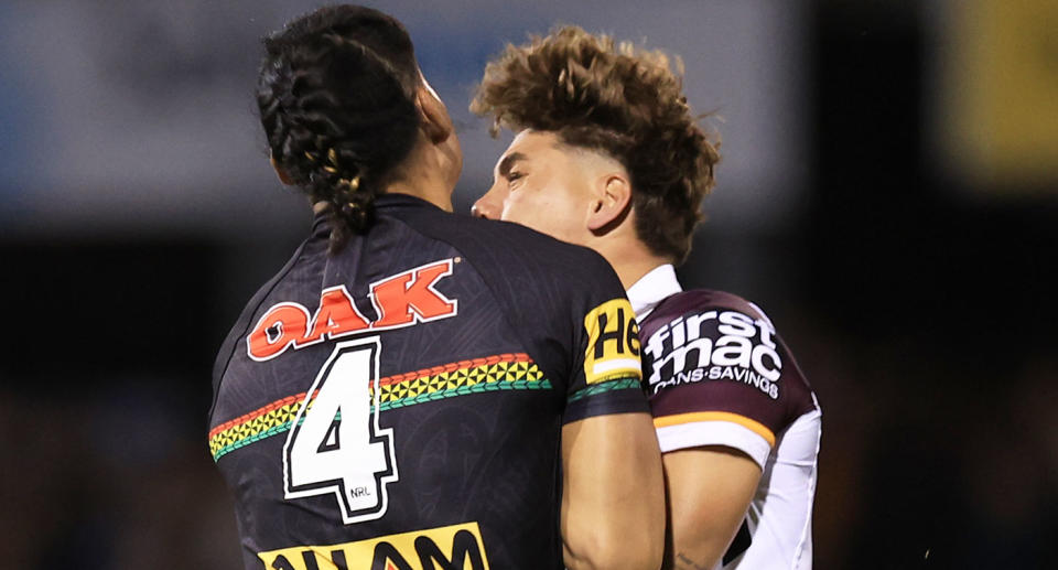 The NRL believes Panthers centre Taylan May should have been charged for reckless contact after his head clash with Broncos star Reece Walsh. Pic: AAP