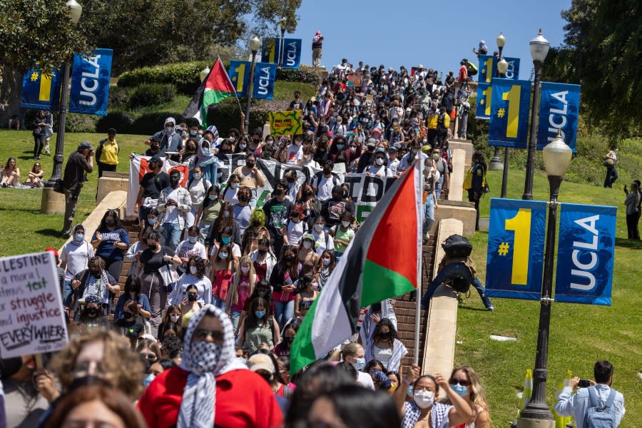 Los Angeles, CA – April 29: Pro-Palestinian demonstrators hold a student- faculty rally at Dickson Plaza at an encampment on the UCLA campus on Monday, April 29, 2024 in Los Angeles, CA. (Brian van der Brug / Los Angeles Times via Getty Images)