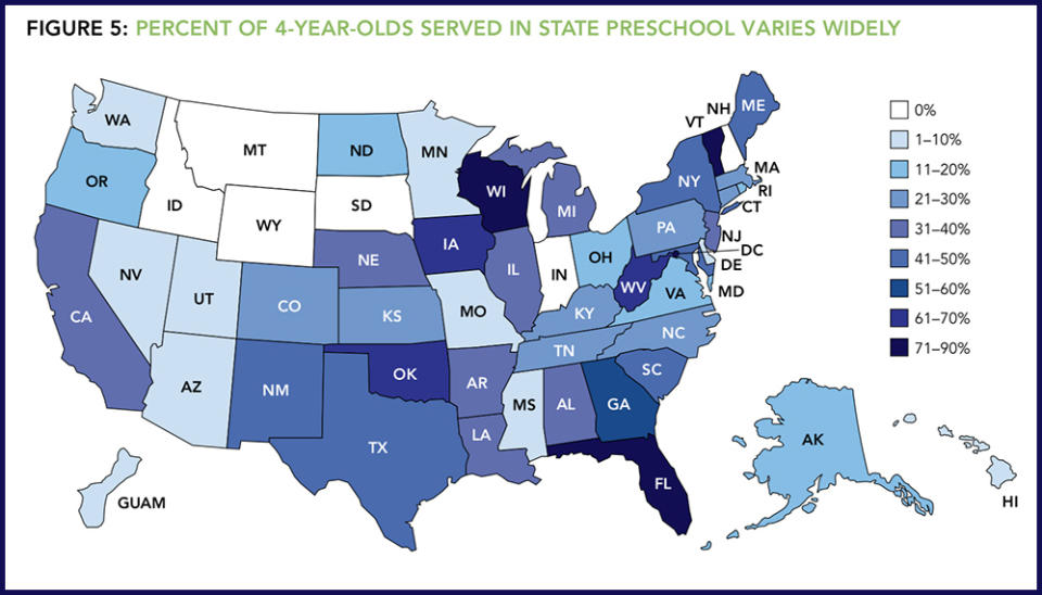 The percentage of 4-year-olds enrolled in state pre-K programs ranges from 0 in Idaho, Indiana, Montana, New Hampshire, South Dakota and Wyoming to 84 percent in the District of Columbia.