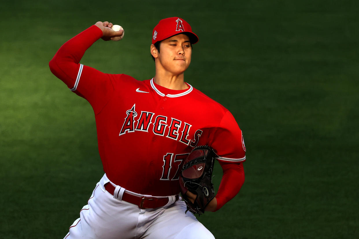 ANAHEIM, CALIFORNIA - APRIL 20: Shohei Ohtani #17 of the Los Angeles Angels warms up prior to the first inning of a game against the Texas Rangers at Angel Stadium of Anaheim on April 20, 2021 in Anaheim, California. (Photo by Sean M. Haffey/Getty Images)