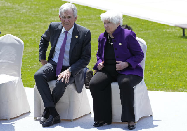 U.S. Treasury Secretary Janet Yellen, right, and Federal Reserve Chairman Jerome Powell chat prior to a group photo session of the G7 meeting of finance ministers and central bank governors, at Toki Messe in Niigata, Japan, Friday, May 12, 2023. (AP Photo/Shuji Kajiyama)