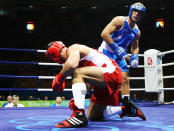 BEIJING - AUGUST 23: Rakhim Chakhkiev of Russia (red) competes against Clemente Russo of Italy (blue) in the Men's Heavy (91kg) Final Bout held at Workers' Indoor Arena on Day 15 of the Beijing 2008 Olympic Games on August 23, 2008 in Beijing, China. (Photo by Nick Laham/Getty Images)