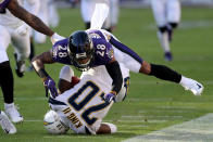 <p>Desmond King #20 of the Los Angeles Chargers returns a 72 yard punt against Anthony Averett #28 of the Baltimore Ravens during the third quarter in the AFC Wild Card Playoff game at M&T Bank Stadium on January 06, 2019 in Baltimore, Maryland. (Photo by Rob Carr/Getty Images) </p>