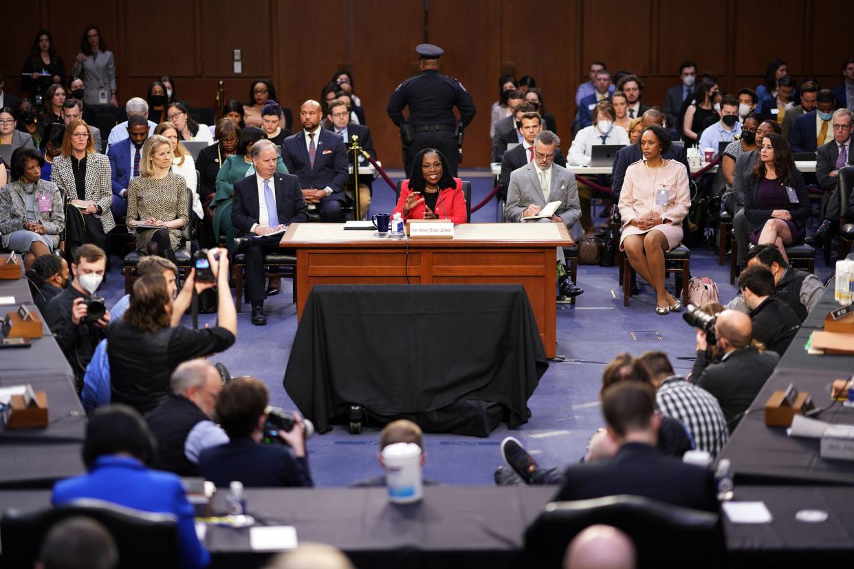 U.S. Supreme Court nominee Judge Ketanji Brown Jackson participates in her confirmation hearing before the Senate Judiciary Committee on Capitol Hill on March 22, 2022, in Washington, DC.