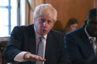 Britain's Prime Minister Boris Johnson speaks during a roundtable to improve the criminal justice system, at 10 Downing Street in London, Monday, Aug. 12, 2019. (Daniel Leal-Olivas/Pool Photo via AP)