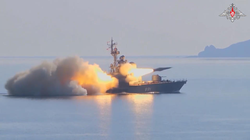 In this photo made from video provided by the Russian Defense Ministry Press Service on Tuesday, March 28, 2023, a Russian navy boat launches an anti-ship missile test in the Peter The Great Gulf in the Sea of Japan. Russia's Defense Ministry says Moscow has test-fired anti-ship missiles in the Sea of Japan. The ministry said Tuesday that a few boats launched a simulated missile attack on a mock enemy warship about 60 miles away. (Russian Defense Ministry Press Service via AP)