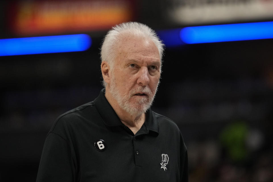 San Antonio Spurs head coach Gregg Popovich walks the sideline as his team plays against the Indiana Pacers during the first half of an NBA basketball game in Indianapolis, Friday, Oct. 21, 2022. (AP Photo/AJ Mast)