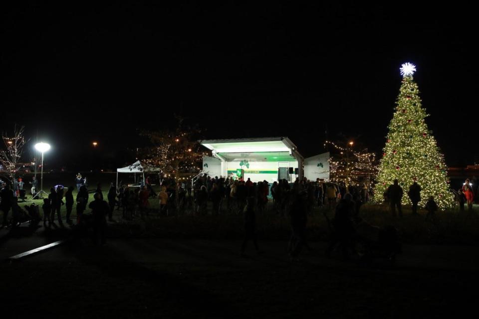 People gather in Coffman Park for the lighting of Dublin's Christmas tree in 2019.