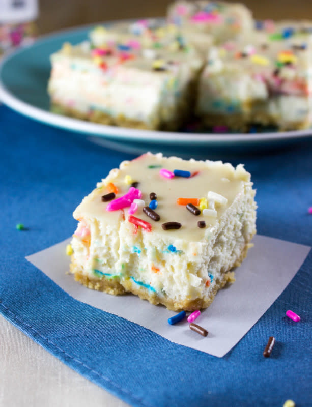 <p>Sugar Spun Rum</p><p>A dessert like these cheesecake squares are a perfect way to celebrate the end of school and the beginning of summer. Don't expect these to last long!</p><p><strong>Get the recipe: <a href="http://sugarspunrun.com/funfetti-cheesecake-squares/" rel="nofollow noopener" target="_blank" data-ylk="slk:Funfetti Cheesecake Squares;elm:context_link;itc:0;sec:content-canvas" class="link ">Funfetti Cheesecake Squares</a></strong></p>