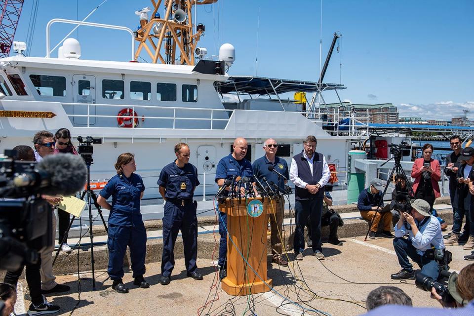 Coast Guard Captain Jamie Frederick speaks to reporters June 21, 2023, about the search efforts for the Titan submersible that went missing near the wreck of the Titanic. "We have to remain optimistic and hopeful when you're in a search and rescue case," he told reporters.