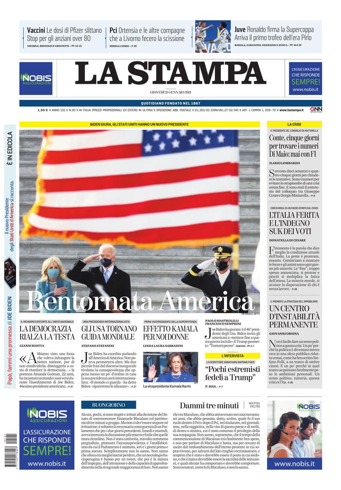 January 21, 2021 front page of La Stampa