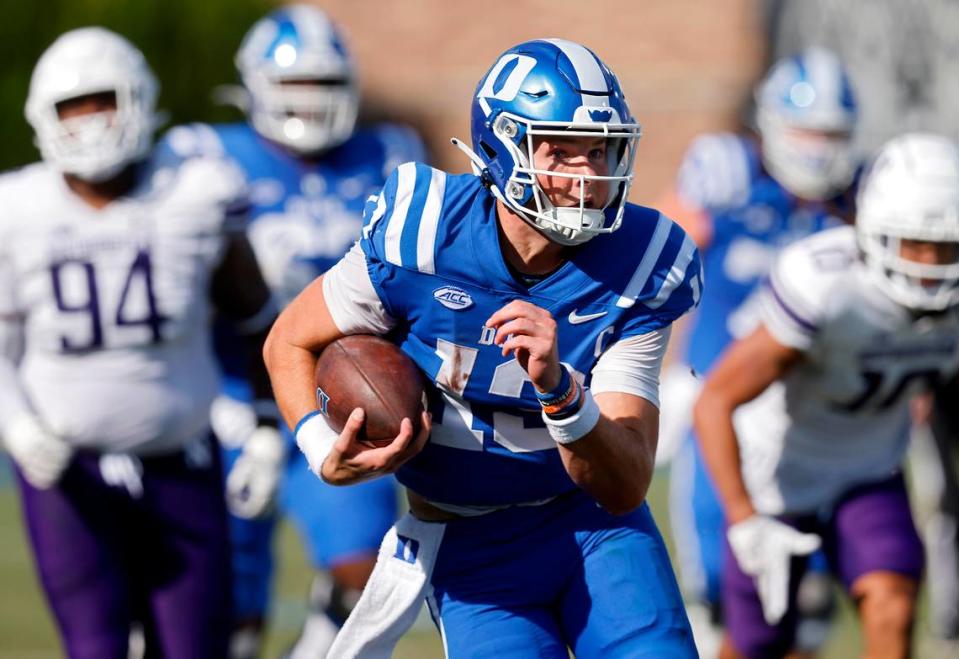 Duke quarterback Riley Leonard runs the ball during the first half of the Blue Devils’ game against Northwestern on Saturday, Sept. 16, 2023, at Wallace Wade Stadium in Durham, N.C. Kaitlin McKeown/kmckeown@newsobserver.com