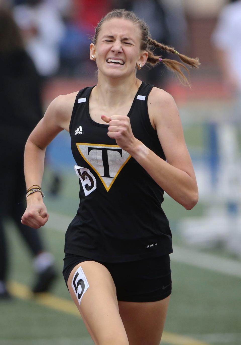 Tatnall's Abby Downin strains through the finish for first place in the Division II 800 meter race during the second day of the DIAA state high school track and field championships at Dover High School, Saturday, May 18, 2024.