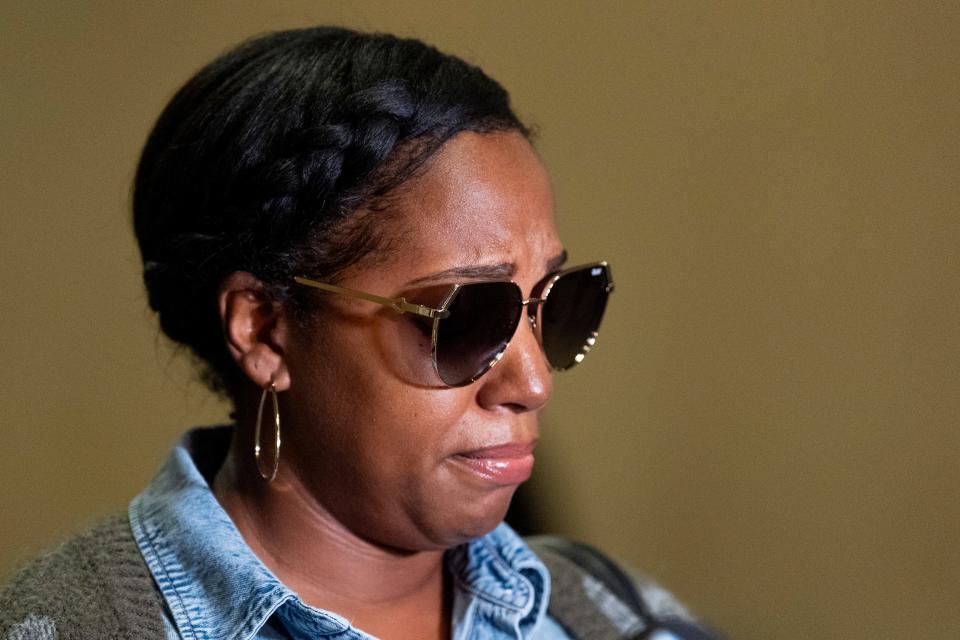 Carlisa Brown, the sister of rapper Young Dolph, briefly becomes emotional while giving a family statement after Justin Johnson, one of the men accused of killing rapper Young Dolph, was found guilty of all charges in court Shelby County Criminal Court, Tuesday, September 19. 24, 2024.