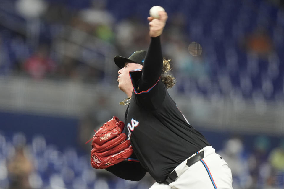 Miami Marlins starting pitcher Ryan Weathers throws to a Cleveland Guardians batter during the first inning of a baseball game Friday, June 7, 2024, in Miami. (AP Photo/Lynne Sladky)