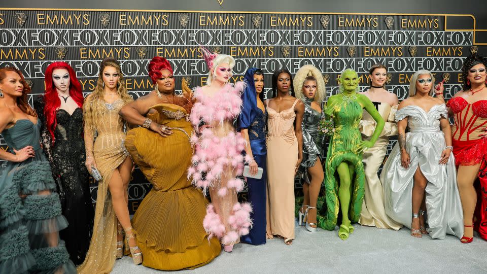 Princess Poppy joined fellow "Drag Race" stars Sasha Colby, Spice, Sugar, Malaysia Babydoll Foxx, Irene Dubois, Robin Fierce, Luxx Noir London, Jax, Marcia Marcia Marcia, Aura Mayari and Salina EsTitties at the Emmys. - Neilson Barnard/Getty Images