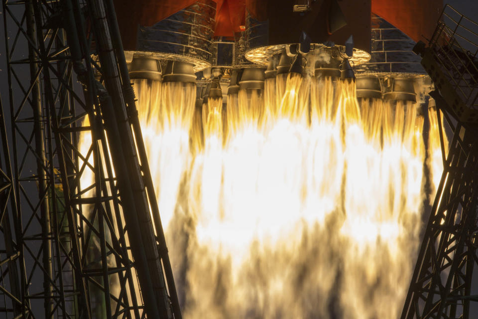 In this handout photo released by Roscosmos Space Agency Press Service the Soyuz-2.1A rocket booster with Soyuz MS-16 space ship carrying a new crew to the International Space Station, ISS, blasts off at the Russian leased Baikonur cosmodrome, Kazakhstan, Thursday, April 9, 2020. The Russian rocket carries U.S. astronaut Chris Cassidy, Russian cosmonauts Anatoly Ivanishin and Ivan Vagner. (Roscosmos Space Agency Press Service via AP)