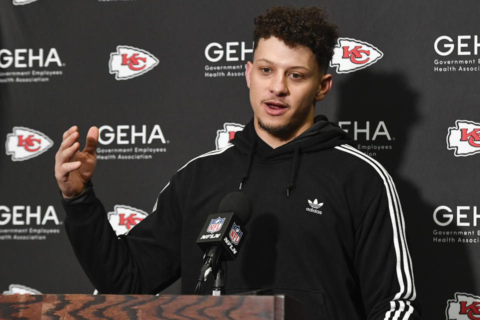 Kansas City Chiefs quarterback Patrick Mahomes answers questions after defeating the Buffalo Bills in an NFL AFC division playoff football game, Sunday, Jan. 21, 2024, in Orchard Park, N.Y. (AP Photo/Adrian Kraus)