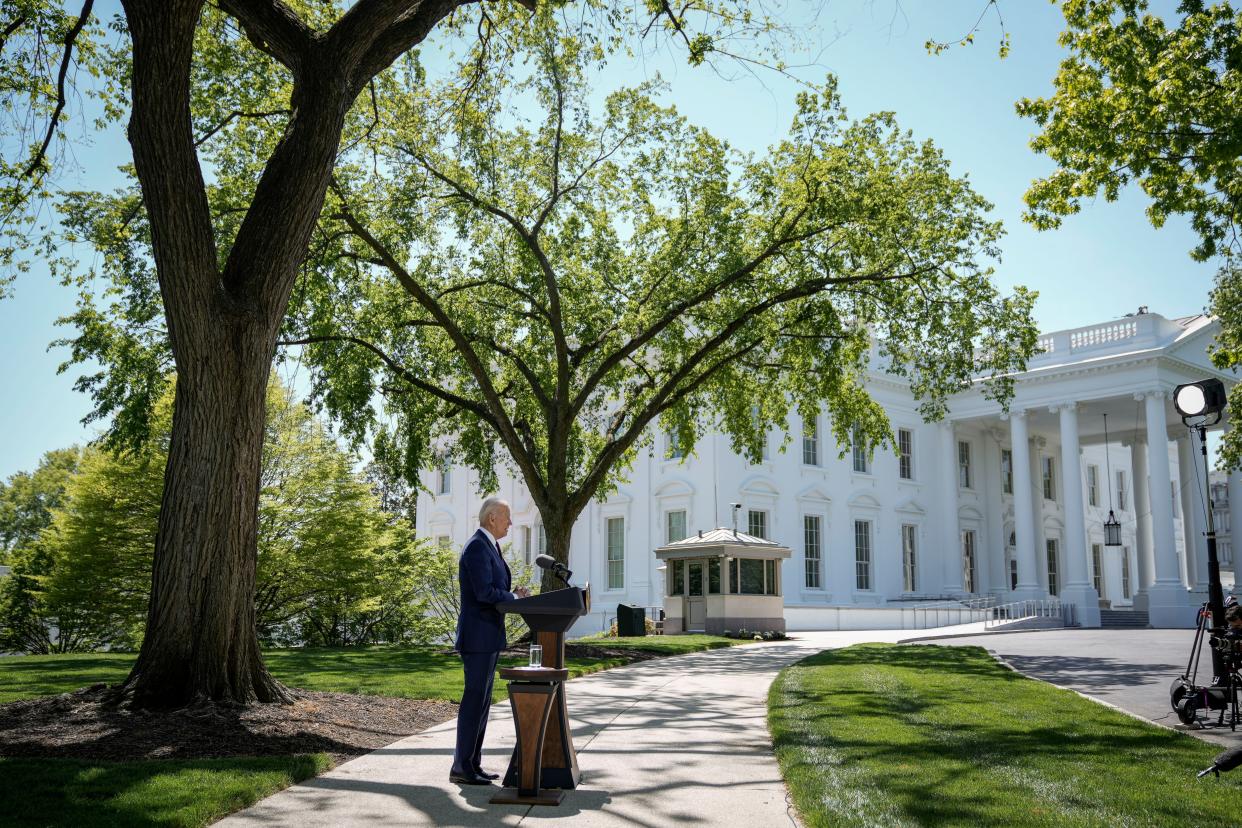 U.S. President Joe Biden speaks about updated CDC mask guidance on the North Lawn of the White House on April 27, 2021, in Washington, DC.