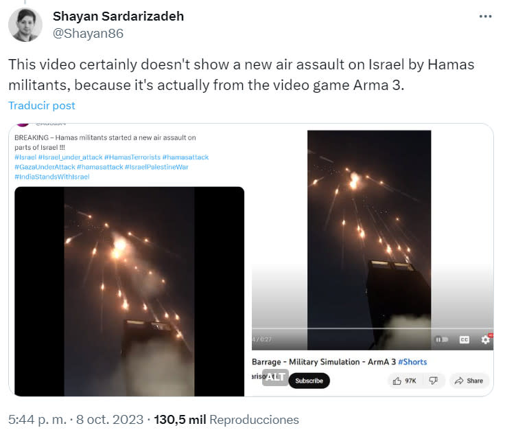 Hay varios videos falsos del conflicto palestino-israelí hechos en Arma 3 (imagen vía Twitter)