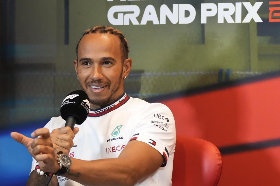 Mercedes driver Lewis Hamilton of Britain attends a news conference at the Baku circuit, in Baku, Azerbaijan, Friday, June 10, 2022. The Formula One Grand Prix will be held on Sunday. (AP Photo/Sergei Grits)