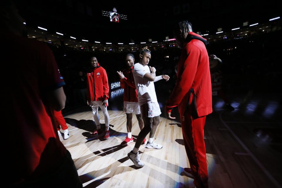 Ohio State Buckeyes guard Meechie Johnson Jr. (0) is introduced in the starting lineup prior to the NCAA men's basketball game against the Akron Zips at Value City Arena in Columbus on Tuesday, Nov. 9, 2021.