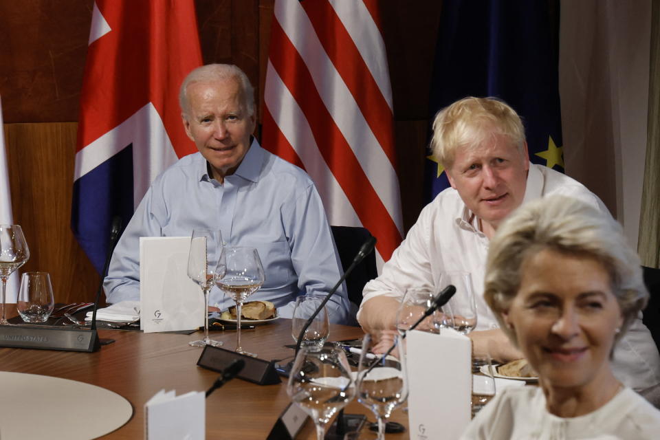 (L-R) US president Joe Biden, UK prime minister Boris Johnson and EC president Ursula von der Leyen at the G7 Summit on 26 June. Commodities including gold and oil jumped in price as traders look to the G7 meeting in Bavaria. Photo: Jonathan Ernst/POOL/AFP via Getty