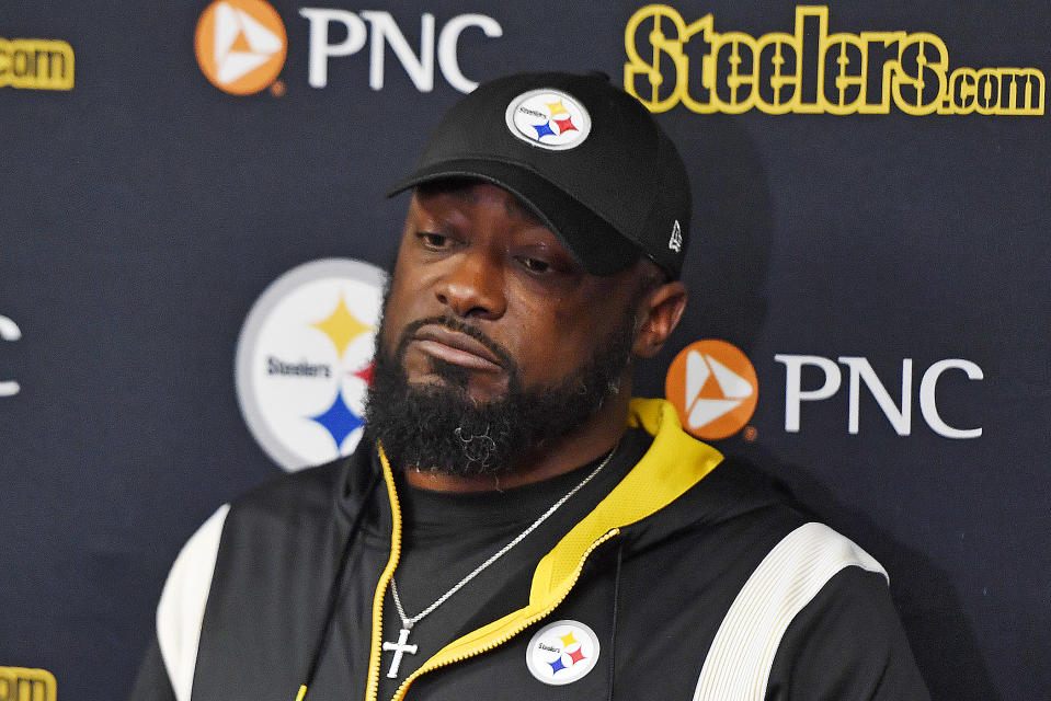 Pittsburgh Steelers head coach Mike Tomlin meets with reporters after an NFL football game against the Buffalo Bills in Pittsburgh, Sunday, Oct. 9, 2022. The Bills won 38-3. (AP Photo/Adrian Kraus)