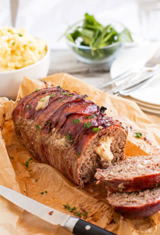 Mozzarella-Stuffed Bacon Wrapped Meatloaf
