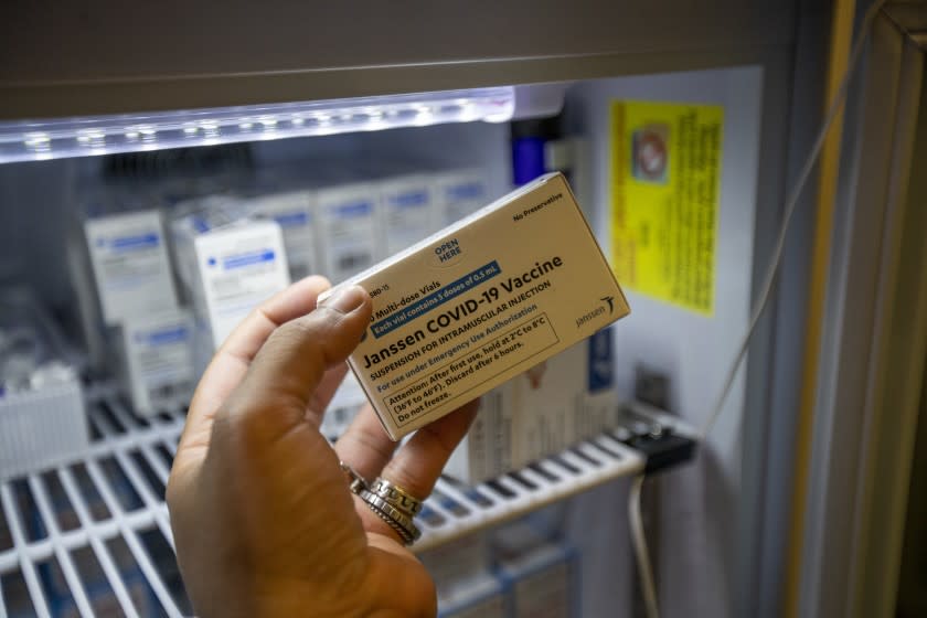 Los Angeles, CA - April 15: A detail of Janssen Johnson & Johnson COVID-19 vaccine that is not currently being given out because it has been put on hold. It was the first day that people ages 16 and up can receive a Moderna or Pfizer vaccine at Kedren Health on Thursday, April 15, 2021 in Los Angeles, CA. Award-winning television producer, Marti Noxon, who's a big fan of Kedren Vaccines, sent an In-N-Out truck to feed 200+ volunteers who help make this vaccine program such a huge success and she did so on the day that vaccines are being made available to all people 16+ in Los Angeles. (Allen J. Schaben / Los Angeles Times)