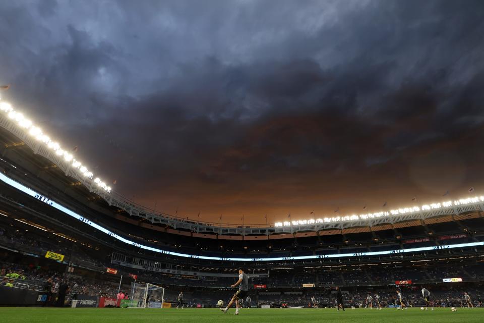 Jun 14, 2024; Bronx, New York, USA; Columbus Crew forward Max Arfsten (27) warms up before a match against New York City FC at Yankee Stadium. Mandatory Credit: Brad Penner-USA TODAY Sports