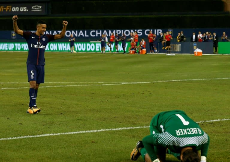 Paris Saint-Germain's Marquinhos celebrates his winning goal against AS Roma during their International Champions Cup match, at Comerica Park in Detroit, Michigan, on July 19, 2017