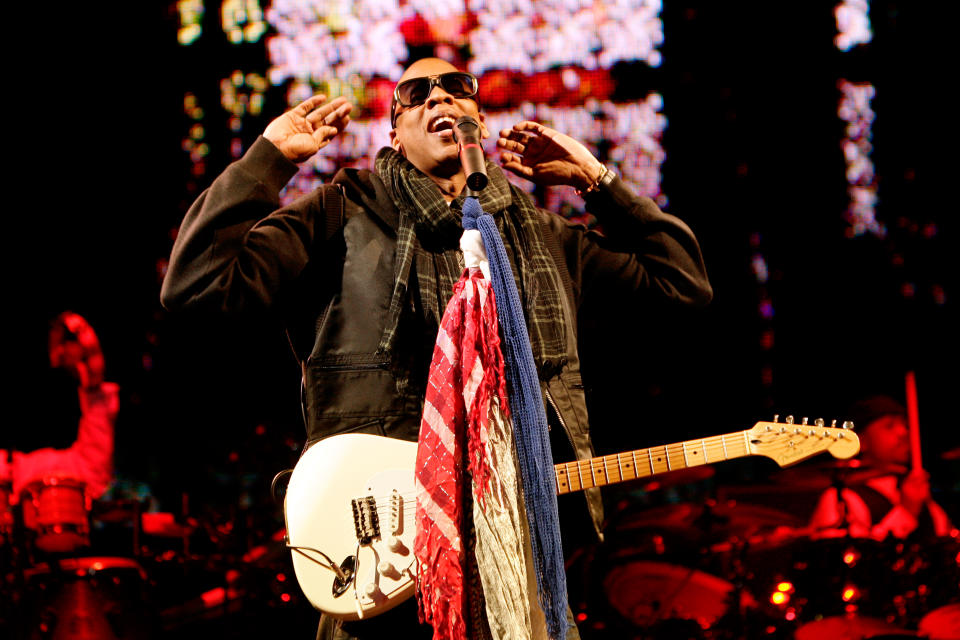 Jay-Z performs on the Pyramid Stage during Glastonbury 2008